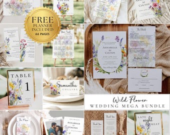 Wildflower Wedding Bundle Template, Printable Wedding Invitation Bundle, Boho Floral Wedding Invite Set, Editable Large Wedding Bundle