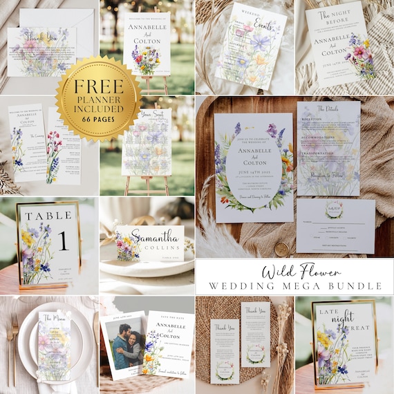 Wildflower Wedding Bundle Template, Printable Wedding Invitation Bundle, Boho Floral Wedding Invite Set, Editable Large Wedding Bundle