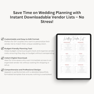 May include: A digital download of a wedding vendor list template. The template is customisable and easy to edit, budget-friendly, and includes an instant digital download. The template is designed to help couples track and organise vendor costs, ensuring they stay on budget without overspending.