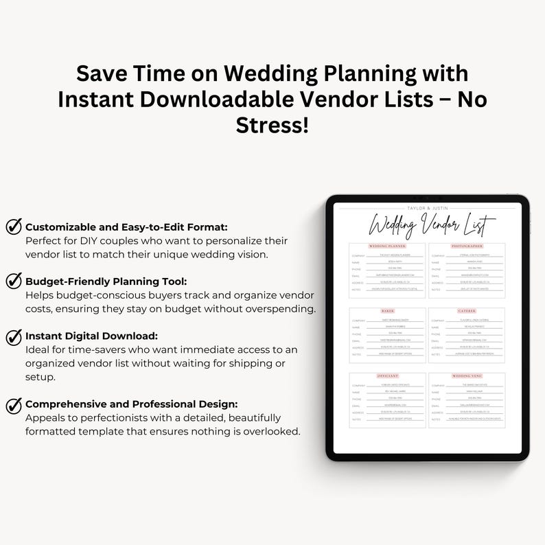 May include: A digital download of a wedding vendor list template. The template is customisable and easy to edit, budget-friendly, and includes an instant digital download. The template is designed to help couples track and organise vendor costs, ensuring they stay on budget without overspending.