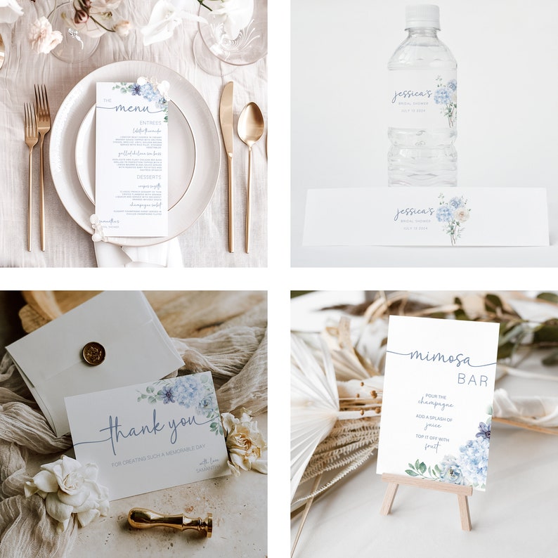May include: A set of printable bridal shower party decorations featuring a watercolour floral design with blue and white hydrangeas. The set includes a menu, thank you card, water bottle label, and a sign for a mimosa bar.