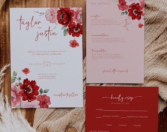 Puede incluir: Conjunto de invitaciones de boda con diseños florales rojos y rosas. La tarjeta de invitación presenta los nombres "Taylor y Justin" y la fecha "14 de septiembre". La tarjeta RSVP incluye el texto "Por favor, responde antes del 1 de agosto de 2014".