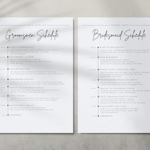 May include: A printable wedding schedule for groomsmen and bridesmaids. The schedule lists the times for each event, including wake-up, breakfast, getting ready, photos, travel to the ceremony venue, and the ceremony itself.