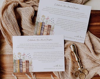 Biglietto di ringraziamento per libro di fiabe, biglietto di ringraziamento per libro, un nuovo capitolo inizia, biglietto di ringraziamento per addio al nubilato in biblioteca, modello stampabile modificabile