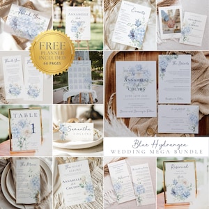 Hydrangea Wedding Bundle,  Dusty Blue Wedding Stationery Invite, Welcome Sign, Menu, Table Numbers, Seating Chart Template,  Blue Hydrangea