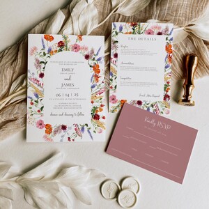 May include: A wedding invitation suite with a floral design. The invitation features a watercolor illustration of a wreath of flowers in shades of pink, purple, orange, and yellow. The text reads "Please join us in celebrating the wedding of Emily Grace Jones and James Michael Anderson 06 | 14 | 25 at 4 o'clock in the afternoon Sapphire Estate 164 Massapoag Avenue Sharon, Massachusetts dinner and dancing to follow". The details card features a similar floral design and includes information about the reception, accommodations, transportation, and a formal attire request. The RSVP card is a solid pink color with the text "Kindly RSVP by June 1st, 2024".