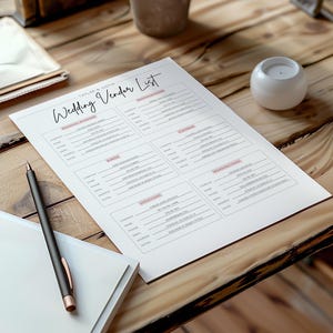 May include: A printable wedding vendor list with sections for wedding planner, caterer, florist, officiant, and wedding venue. The list includes fields for company name, contact name, phone number, email, address, website, notes, and pricing.