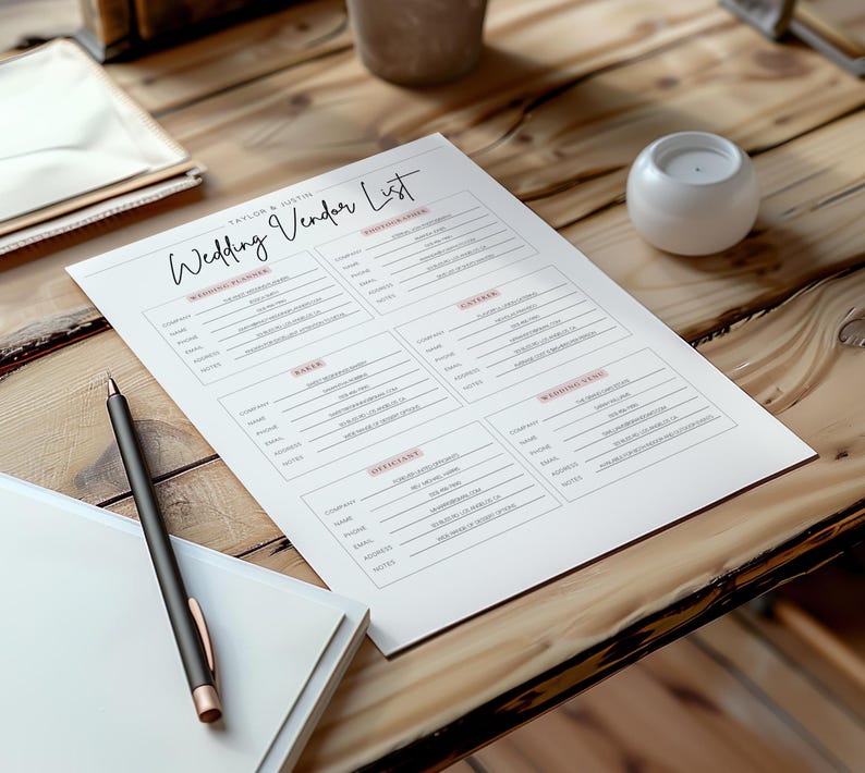 May include: A printable wedding vendor list with sections for wedding planner, caterer, florist, officiant, and wedding venue. The list includes fields for company name, contact name, phone number, email, address, website, notes, and pricing.