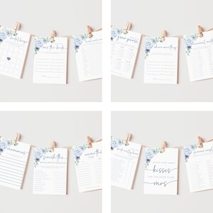 May include: A set of ten printable bridal shower game cards with a blue floral design. The games include "Bridal Binge", "Was the Bride", "Finish the Bachelorette Sentences", "Name that Tune", "How Well Do You Know the Bride", "Where Were They", "Animal Mate", "Guess How Many Kisses", "Famous Couples", and "Your Purse".