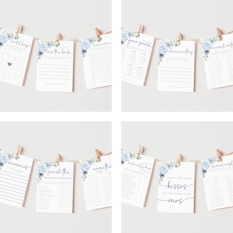 May include: A set of ten printable bridal shower game cards with a blue floral design. The games include "Bridal Binge", "Was the Bride", "Finish the Bachelorette Sentences", "Name that Tune", "How Well Do You Know the Bride", "Where Were They", "Animal Mate", "Guess How Many Kisses", "Famous Couples", and "Your Purse".