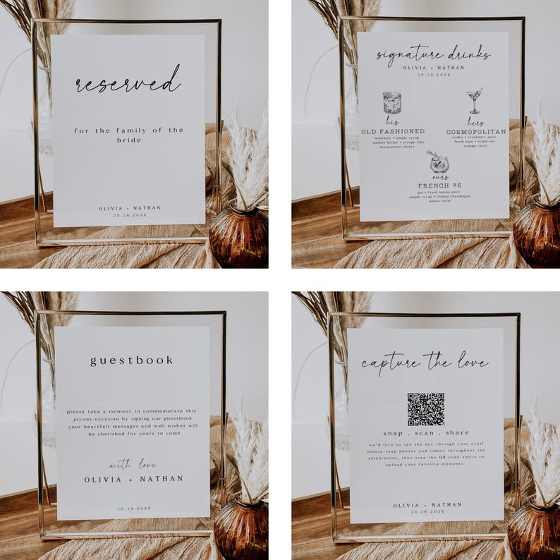 May include: Four framed wedding signs with gold trim and white backgrounds. The signs include text such as "reserved", "signature drinks", "guestbook", and "capture the love". Each sign has the names "Olivia & Nathan" and the date "18.10.2020".