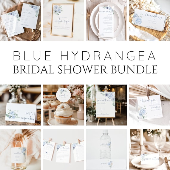 Blue Hydrangea Bridal Shower Bundle, Bridal Shower Poster Blue Hydrangea, Blue Hydrangea Bridal Shower Games, Favor Tag With Blue Hydrangea