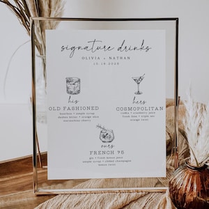 Simple Modern Signature Drinks Sign Template, Wedding Bar Menu, Printable His and Hers Signature Cocktail, Editable Table Sign