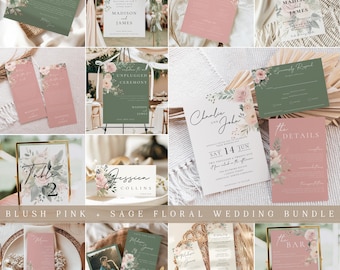 Blush Pink and Sage Wedding Mega Bundle, Editable Wedding Suite Soft Pink, Printable Wedding Templates, Floral Sage Green Invitation Set