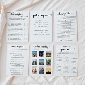 May include: A set of printable bridal shower games with black text on white paper. The games include "Does the Bride Really Know the Groom?", "Put a Ring on It", "Honey Do List", "Pass the Poem", "Where Were They", and "What's in Your Purse".