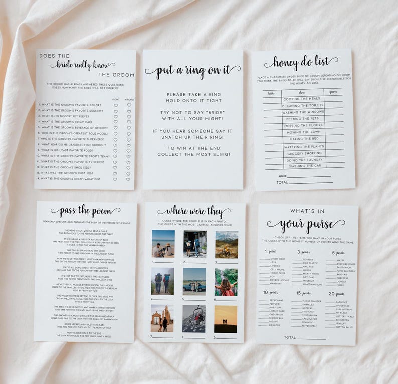 May include: A set of printable bridal shower games with black text on white paper. The games include "Does the Bride Really Know the Groom?", "Put a Ring on It", "Honey Do List", "Pass the Poem", "Where Were They", and "What's in Your Purse".