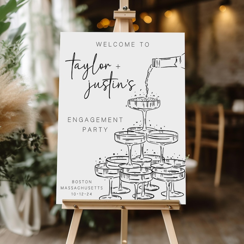 Printable engagement welcome sign featuring a champagne tower, ideal for DIY brides and event planners