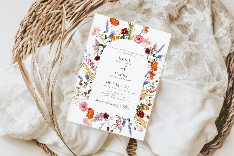 May include: A wedding invitation with a floral border. The invitation is for Emily Grace Jones and James Michael Anderson. The wedding is on June 14, 2025, at 4 o'clock in the afternoon at Sandstone Estate, 145 Melrose Avenue, Ashton, Massachusetts. Dinner and dancing to follow.