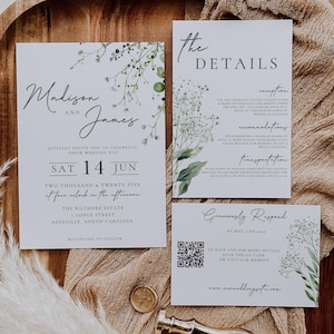 Invito di nozze Babys Breath, modello modificabile di invito floreale, invito Gypsophila Sage Green, Greenery elegante stampabile, codice QR RSVP