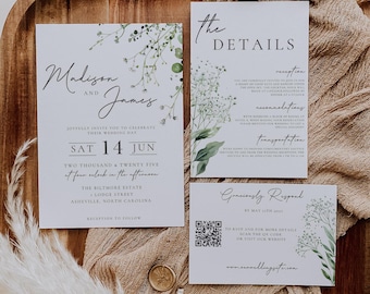 Babys Breath Wedding Invitation, Floral Invitation Editable Template, Gypsophila Sage Green Invite, Greenery Elegant Printable, QR Code RSVP