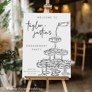 Editable champagne tower engagement welcome sign with elegant script design, perfect for entryway decor at an engagement party