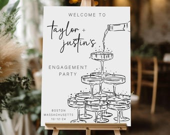 Champagne Tower Engagement Party Welcome Sign Hand Drawn Editable Wedding Sign Instant Download Black and White Engagement Toast Template