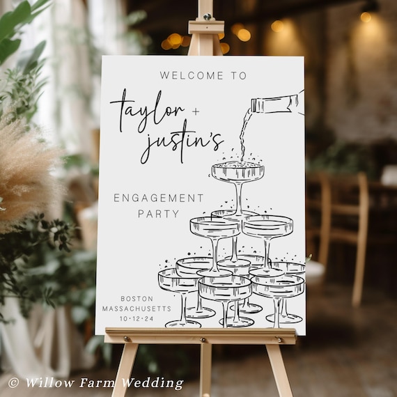 Champagne Tower Engagement Party Welcome Sign Hand Drawn Editable Wedding Sign Instant Download Black and White Engagement Toast Template
