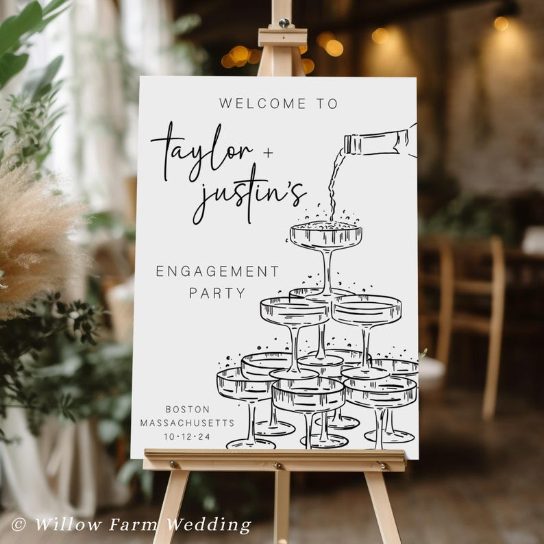Editable champagne tower engagement welcome sign with elegant script design, perfect for entryway decor at an engagement party