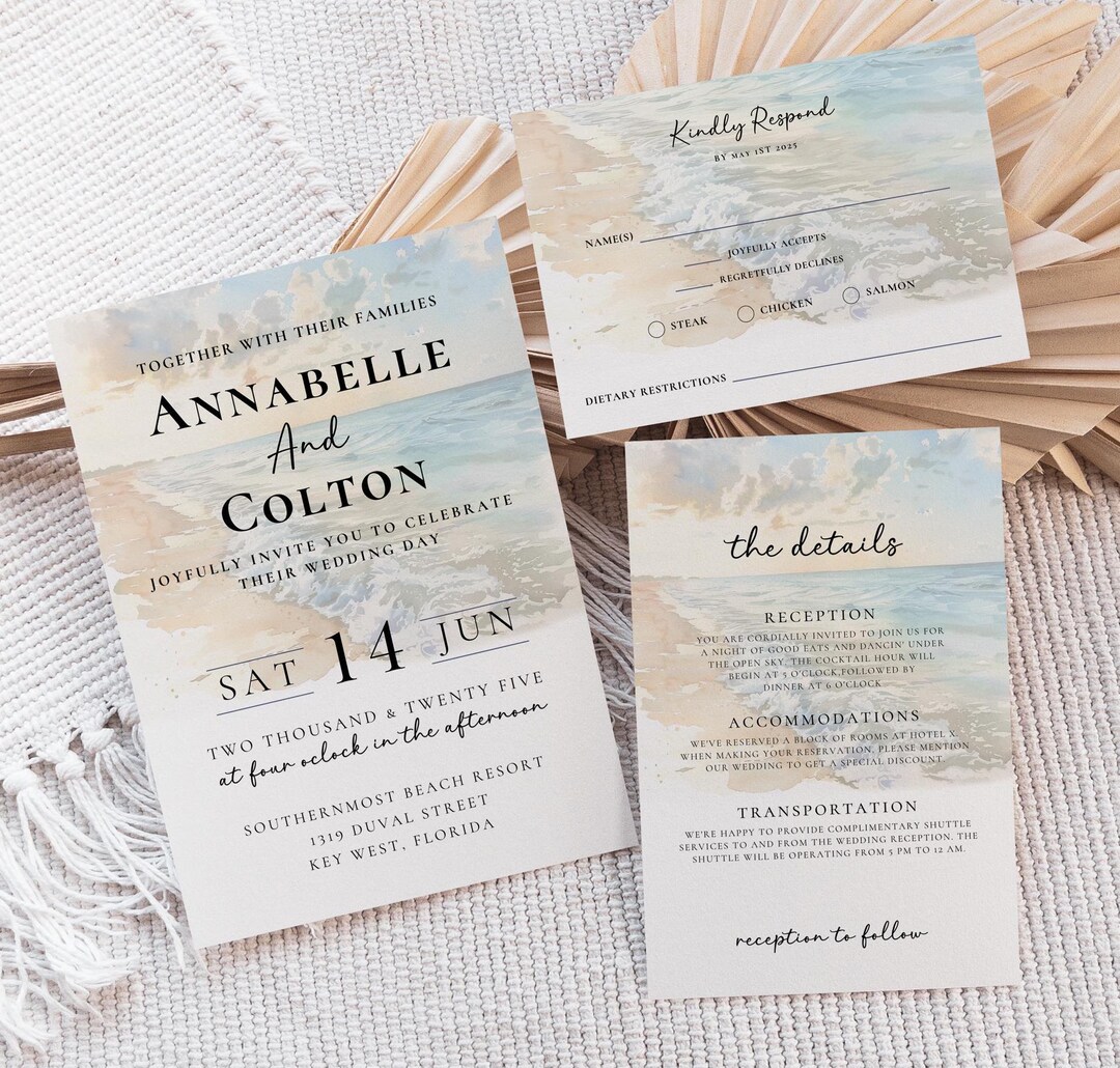 Beach Wedding Invitation Template, DIY Editable Destination Wedding ...