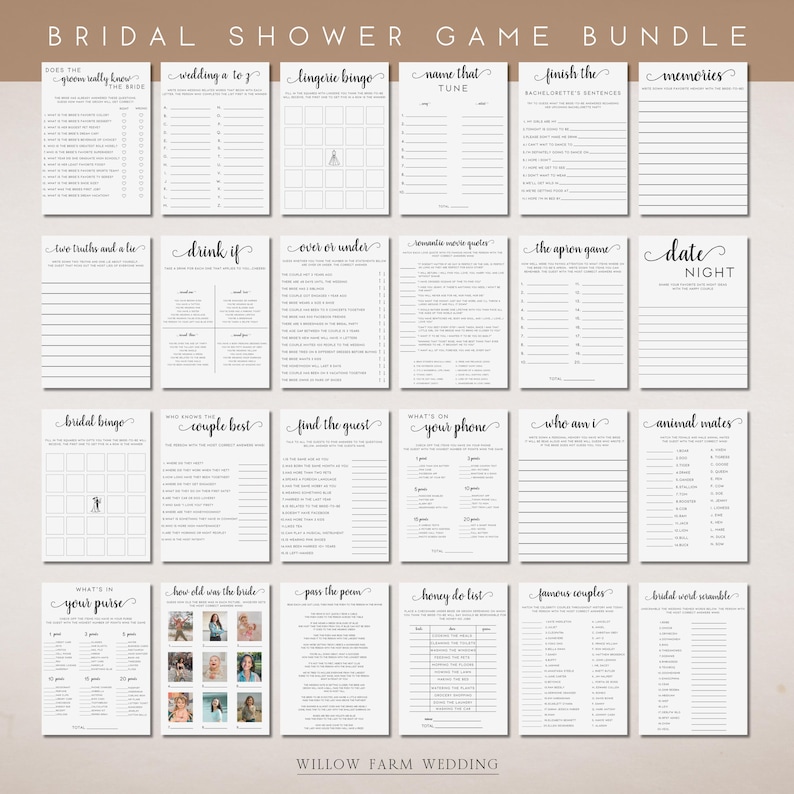Minimalist Bridal Shower Games Bundle, Printable Modern Bridal Game Pack, Fully Editable Download, Simple Custom Bridal Game Template image 1