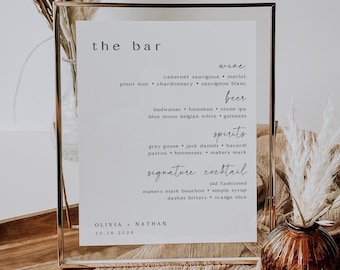 Znak baru, nowoczesny znak menu baru weselnego, znak drinka z podpisem, szablon menu drinków weselnych, drukowany edytowalny znak baru Canva