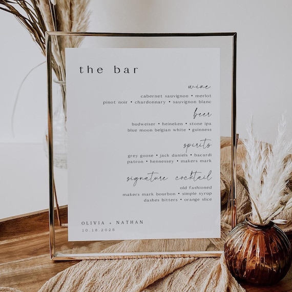 The Bar Sign, Modern Wedding Bar Menu Sign, Signature Drink Sign, Wedding Drink Menu Template, Printable Editable Canva Bar Sign