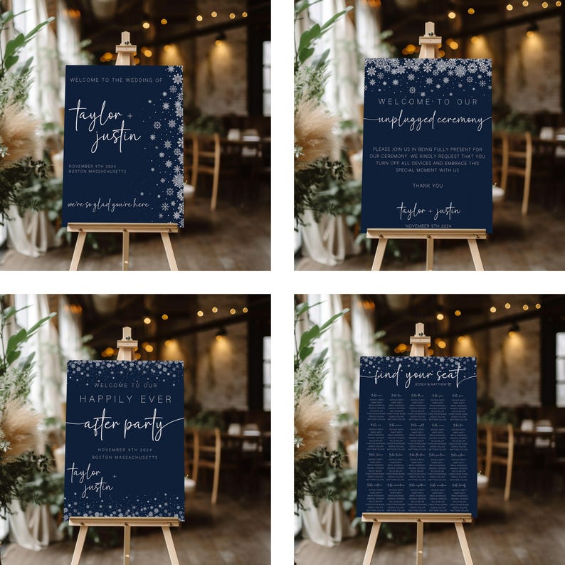 Winter Wedding Invitation Bundle, Wedding Invitation with Snowflakes, Wedding Invitation Blue, Wedding Bundle, Editable Template, Printable image 4