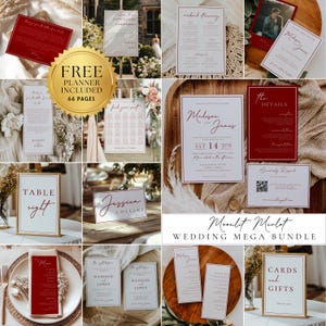 Rote Romanze Modernes druckbares Hochzeits-Bundle, digitales Briefpapier, bearbeitbare Hochzeitseinladungs-Reihe Minimale Hochzeitsvorlage Sofort-Download