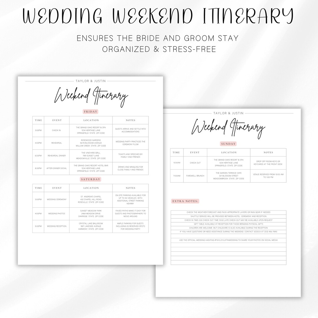 Wedding Weekend Itinerary Template for Planning and Organization