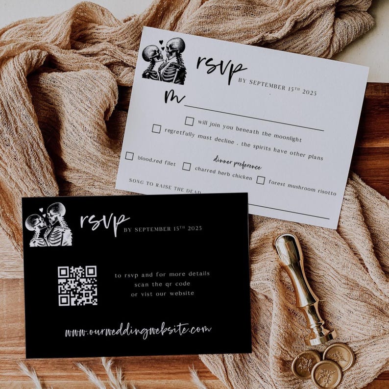 May include: Black and white RSVP cards with skeleton couple illustrations. One card is black with a QR code and website address. The other is white with RSVP details, including a deadline and dinner preferences.