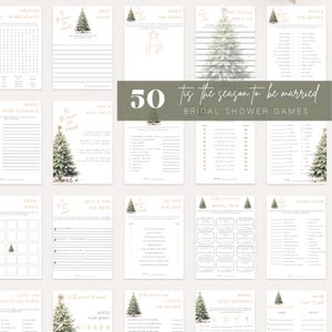 Puede incluir: Un conjunto de 50 juegos para despedida de soltera con un tema festivo de árbol de Navidad. Los juegos incluyen búsquedas de palabras, trivialidades y otras actividades divertidas. El texto "Tis the season to be married" se muestra de forma destacada.