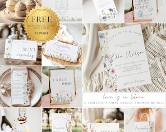 Love In Bloom Bridal Shower Bundle, Invitation Template, Games Bundle, Welcome Sign, Editable Floral Bridal Shower Decor, Spring Wildflower