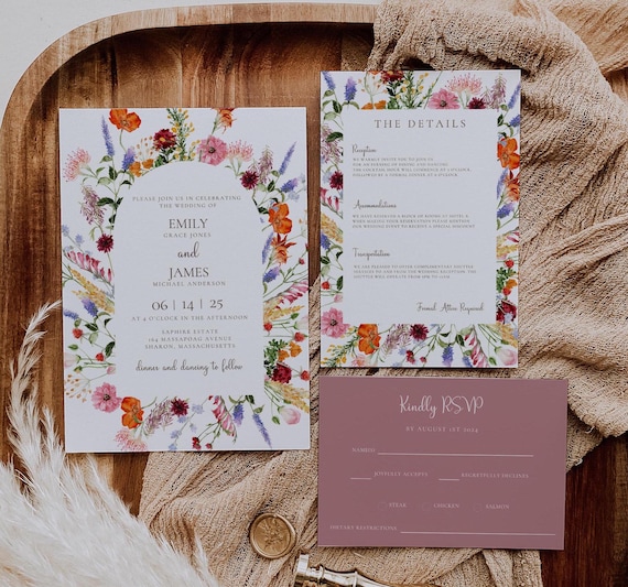 Garden Flowers Wedding Invitation Template, Wildflower Wedding Invite, Colorful Spring Floral, Printable Download, Boho Garden Wedding