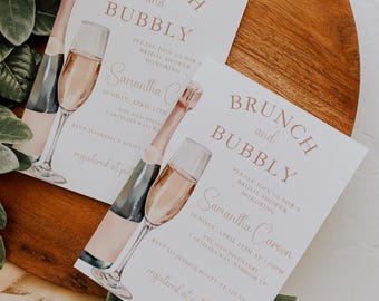 Sjabloon bruiloft uitnodiging brunch en bruisend vrijgezellenfeest, champagnebrunch uitnodigen, afdrukbare vrijgezellenfeest, direct downloaden bewerkbare uitnodiging