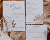 Boho Pampas Grass Wedding Invitation Suite, Printable Boho Invitation, Neutral Tones Modern Minimal Beige Bohemian, DIY Wedding Invite