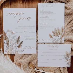 Boho Pampas Grass Wedding Invitation Suite, Printable Boho Invitation, Neutral Tones Modern Minimal Beige Bohemian, DIY Wedding Invite