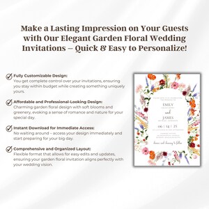 May include: A printable wedding invitation template with a floral design. The invitation features a white background with a wreath of colorful flowers and greenery. The text on the invitation reads "Please join us in celebrating the wedding of Emily and James".