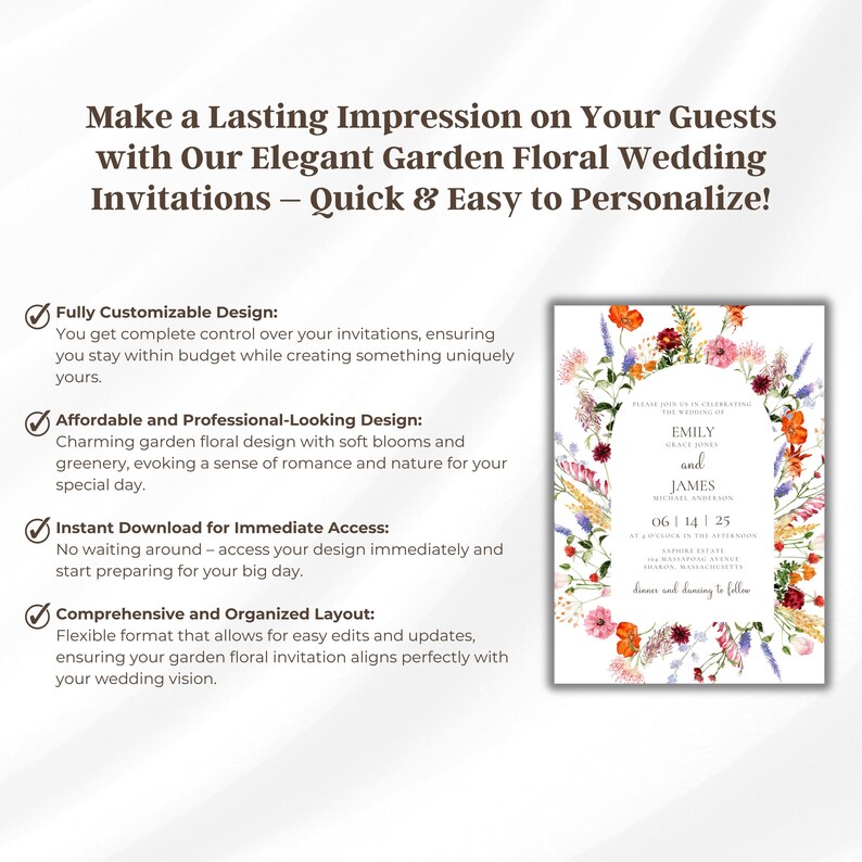 May include: A printable wedding invitation template with a floral design. The invitation features a white background with a wreath of colorful flowers and greenery. The text on the invitation reads "Please join us in celebrating the wedding of Emily and James".