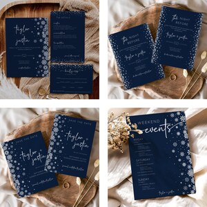 Winter Wedding Invitation Bundle, Wedding Invitation with Snowflakes, Wedding Invitation Blue, Wedding Bundle, Editable Template, Printable image 2