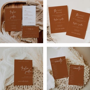 May include: A set of wedding invitations with a rustic theme. The invitations are printed on brown cardstock with white calligraphy. The text on the invitations includes the names "Taylor & Justin", the date "September 2024", and the location "Sharon, Massachusetts".