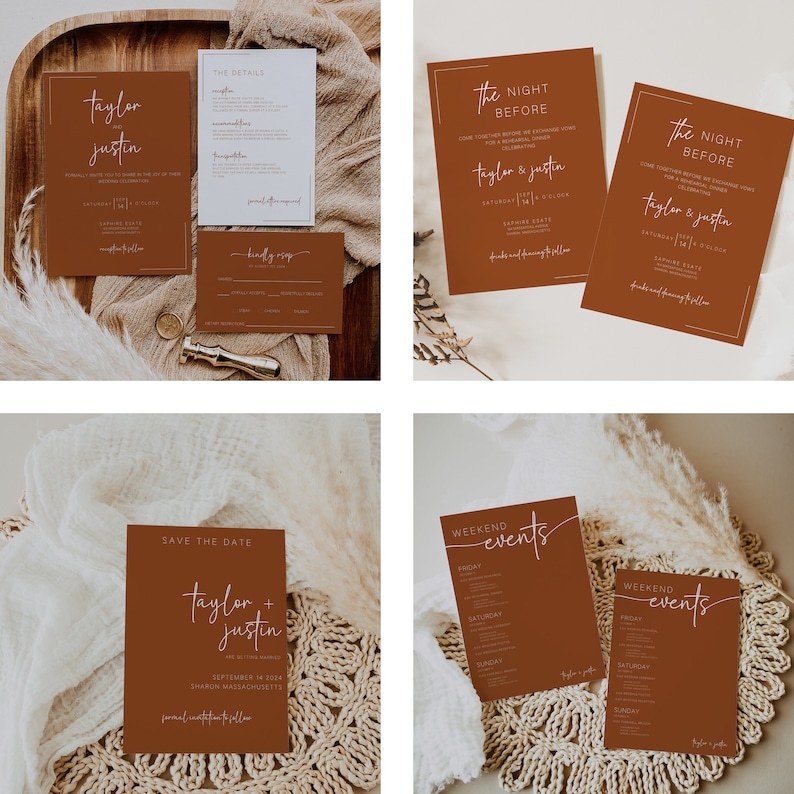 May include: A set of wedding invitations with a rustic theme. The invitations are printed on brown cardstock with white calligraphy. The text on the invitations includes the names "Taylor & Justin", the date "September 2024", and the location "Sharon, Massachusetts".