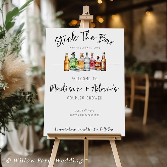 Stock the Bar Shower Welcome Sign Editable, Couples Shower Decor, Editable Wedding Sign, Instant Download Bridal Shower Sign