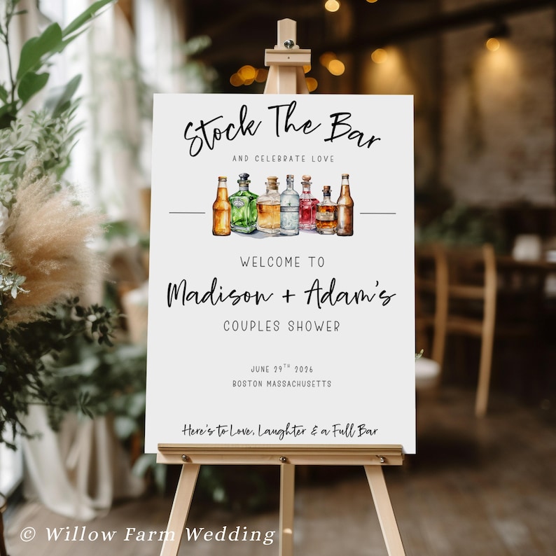 Printable Stock the Bar welcome sign for couples shower with editable text and colorful liquor bottles
