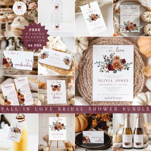 Fall in Love Bridal Shower Bundle, Fall Floral Invitation and Games,  Autumn Bridal Shower Decor, Fall In Love Bridal Invite Editable Canva